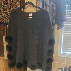 Chico's Charcoal Poncho with Black Pom Accents